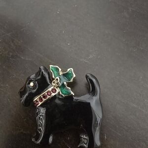 Elegant Black Dog Brooch with Green and Red Accents